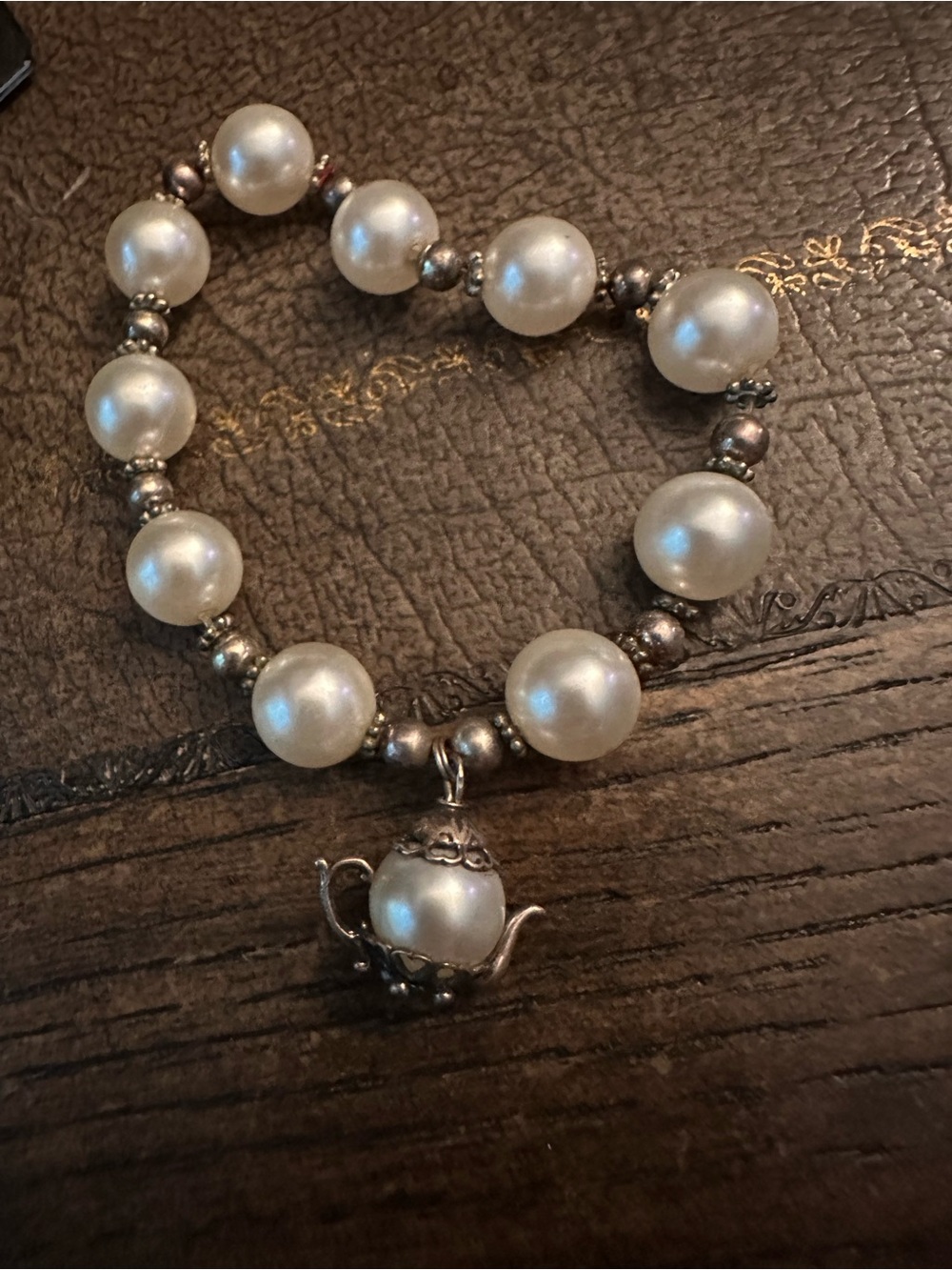 Pearl Beaded Pewter Bracelet with filigree caged Teapot Charm. Pewter spacers